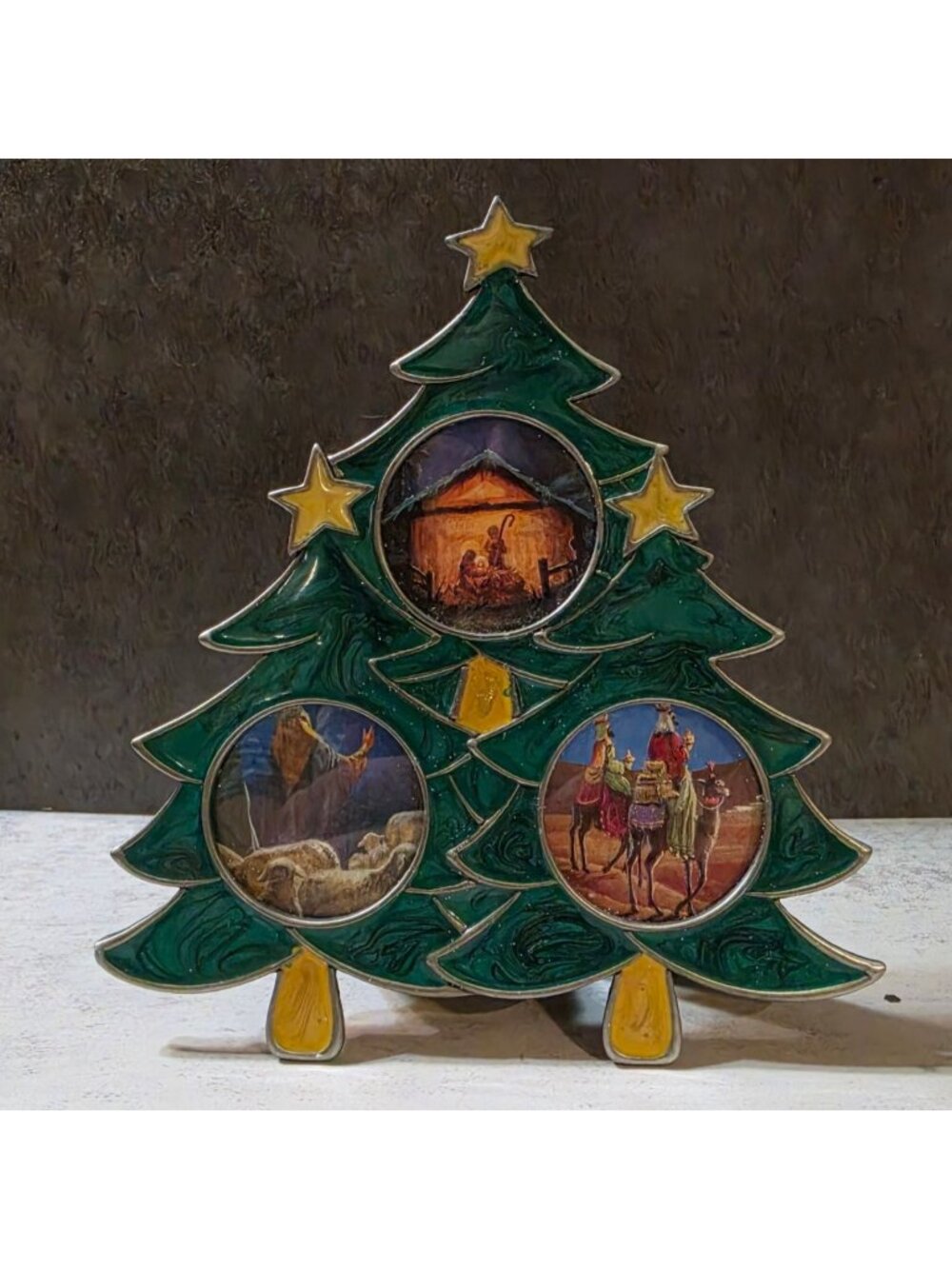Vintage  Enamel Christmas Tree Nativity Triple Frame
